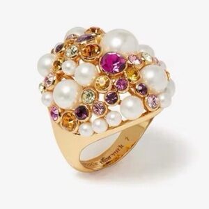 Kate Spade Gold-Tone Pearl & Multicolor Crystal Dome Ring Sz 7
